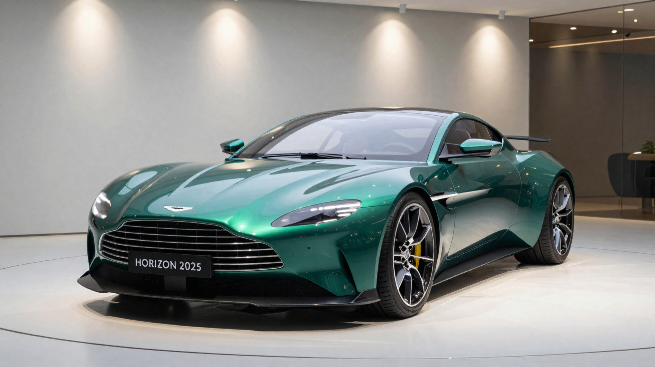 Green Aston Martin Horizon 2025 sports car displayed in a modern showroom with spotlighting on the ceiling.