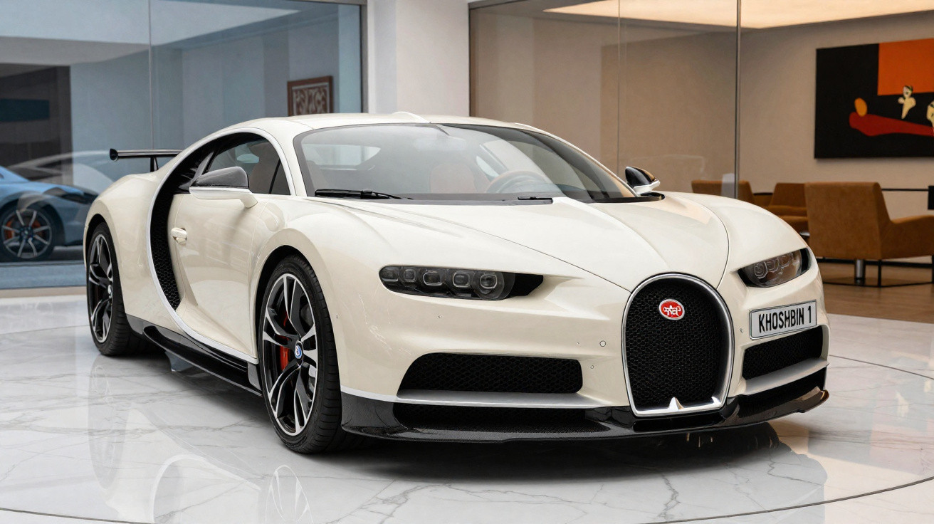 White Bugatti Chiron sports car displayed indoors on a polished marble floor with modern furnishings in the background.