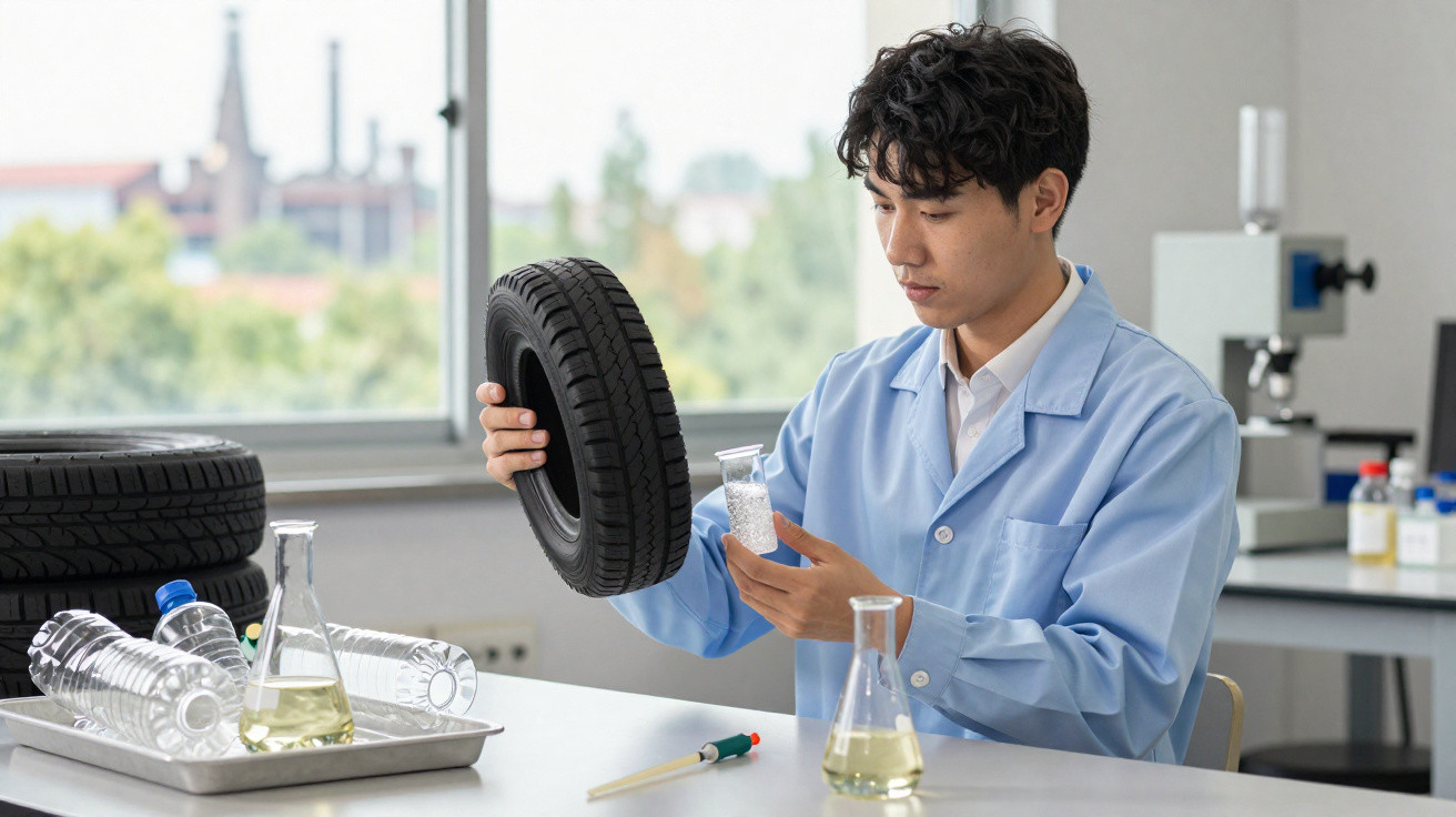 Scientist in lab coat examining tyre and plastic pellets in a laboratory setting.