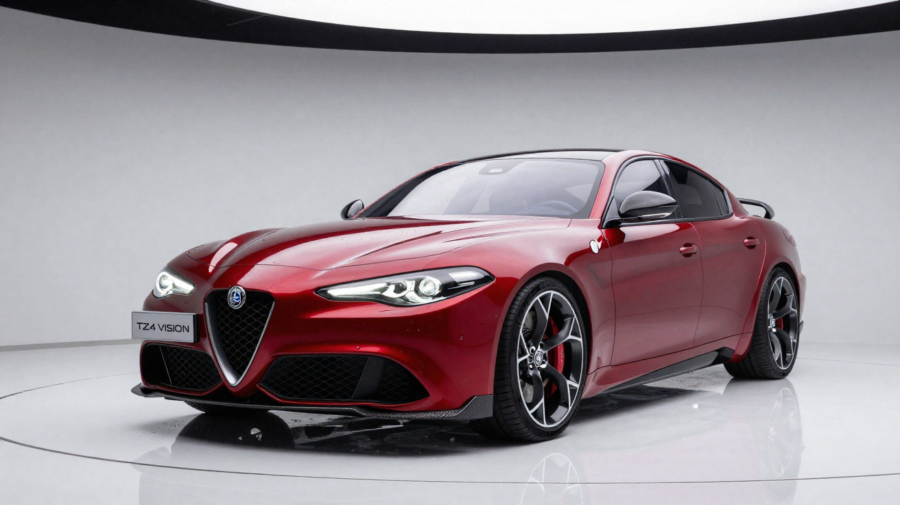 Red Alfa Romeo TZ4 Vision sports car on white rotating display platform in white room.