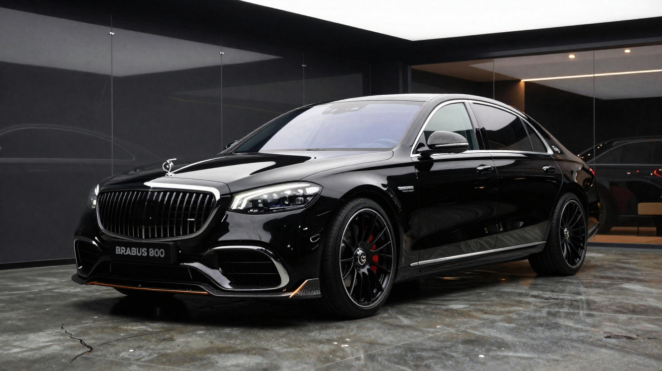 Black Brabus 800 luxury sedan parked indoors with glossy finish and tinted windows.