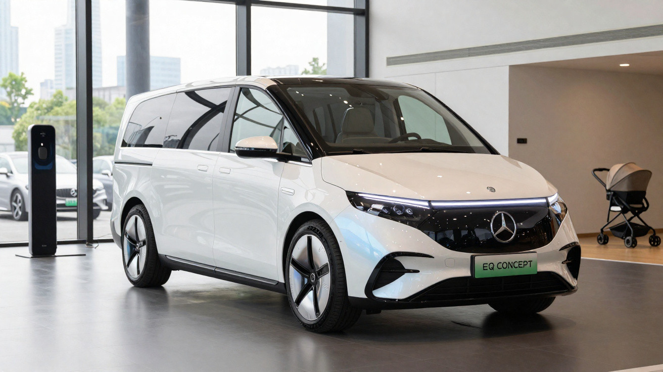 White Mercedes-Benz EQ Concept electric van displayed inside a modern showroom with large windows.