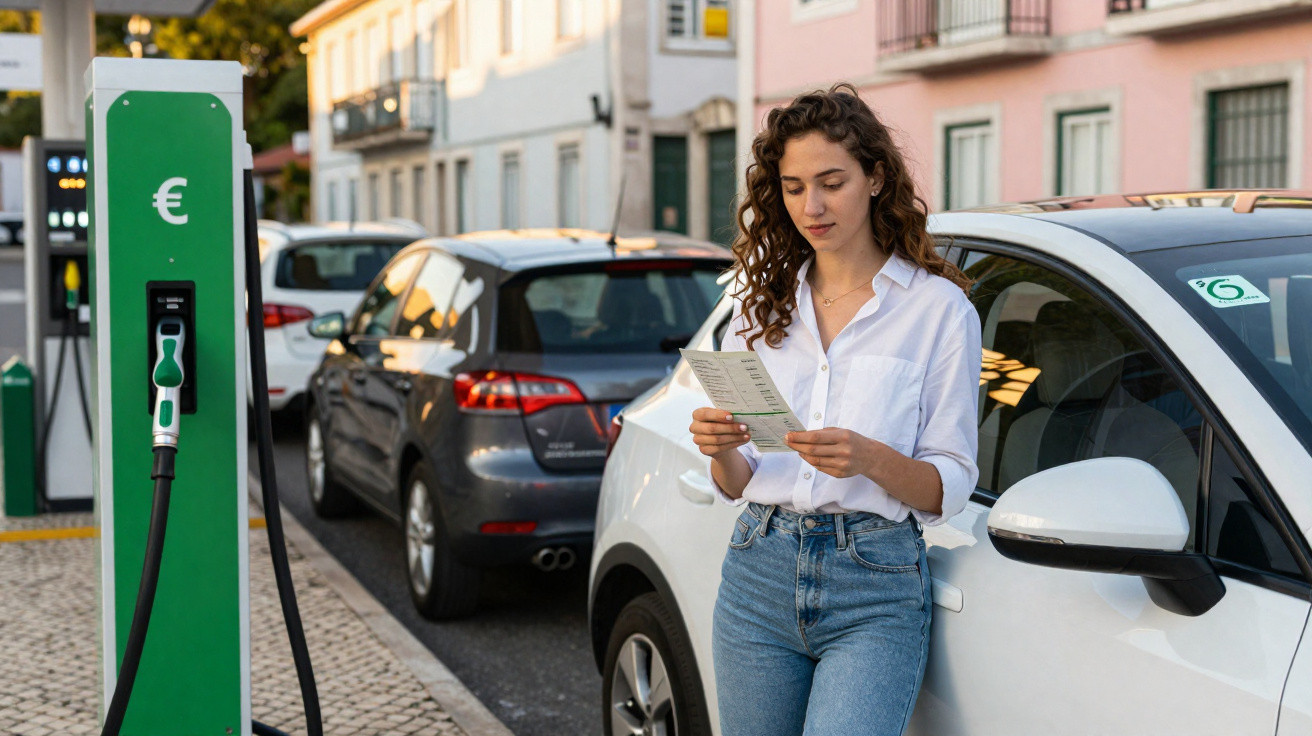 Woman reading a leaflet while standing beside a white electric car at a charging station in a city street.