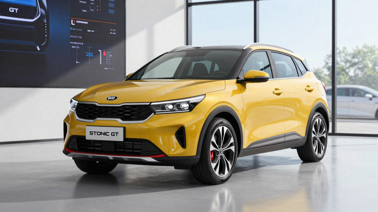 Yellow Kia Stonic GT parked inside a showroom with large windows and polished floor.