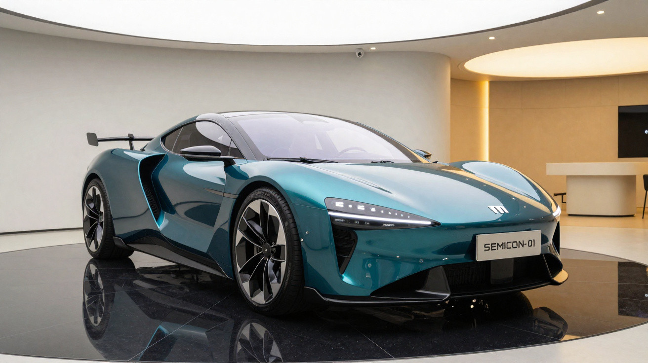 Teal metallic sports car with aerodynamic design and rear spoiler displayed on glossy black platform indoors.