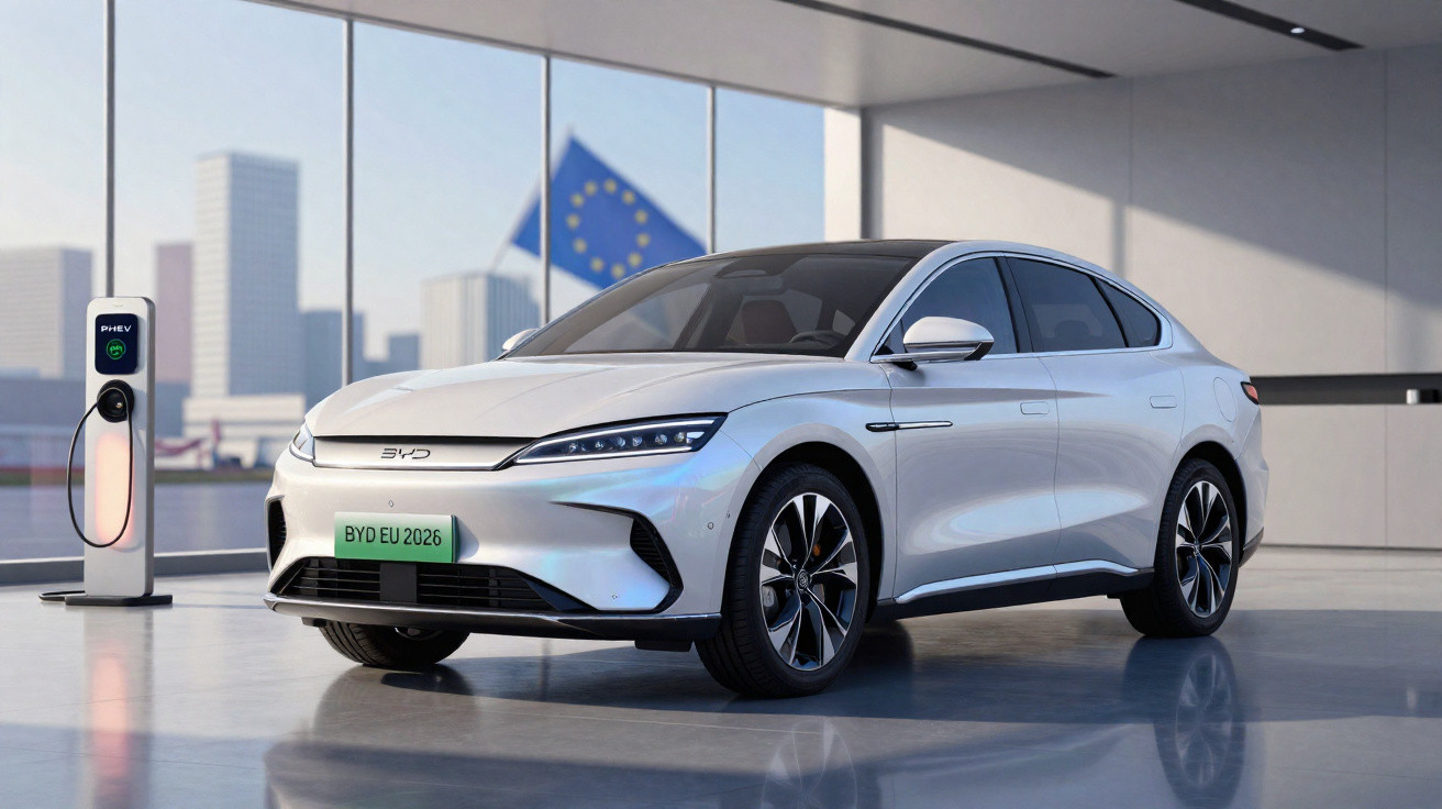 Silver BYD electric car parked indoors next to a charging station with European Union flag in the background.