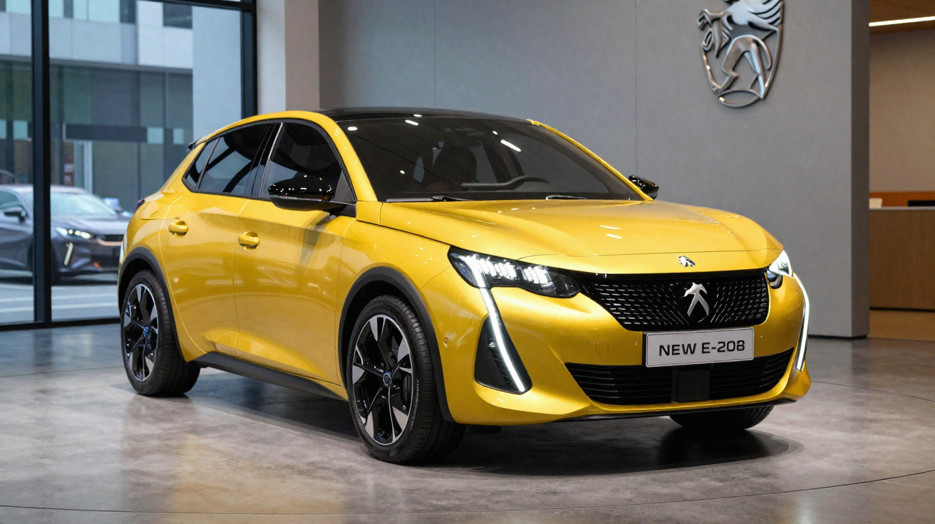 Yellow Peugeot NEW E-208 electric car displayed indoors with modern design and black alloy wheels.