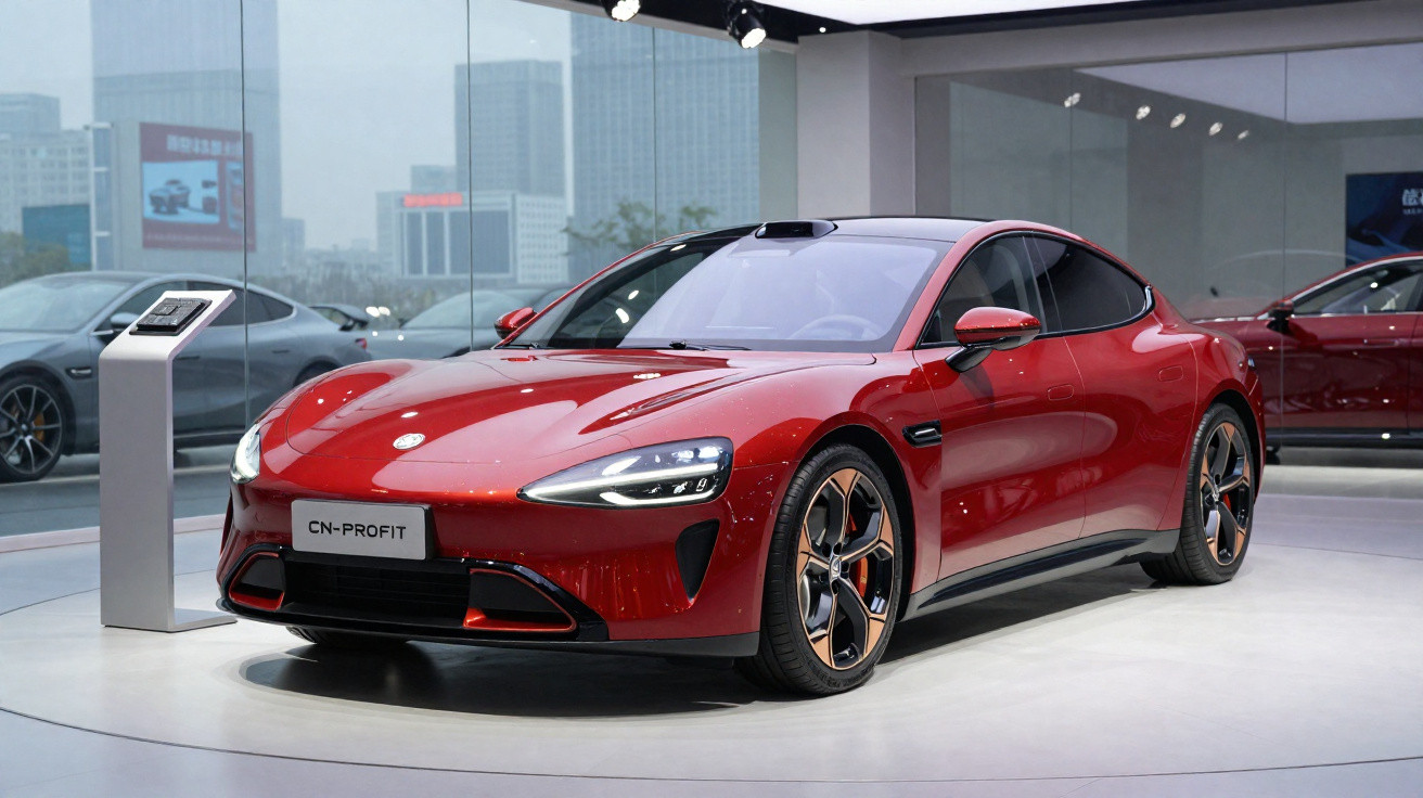 Sleek red electric sports car displayed indoors with modern cityscape visible through large glass windows.