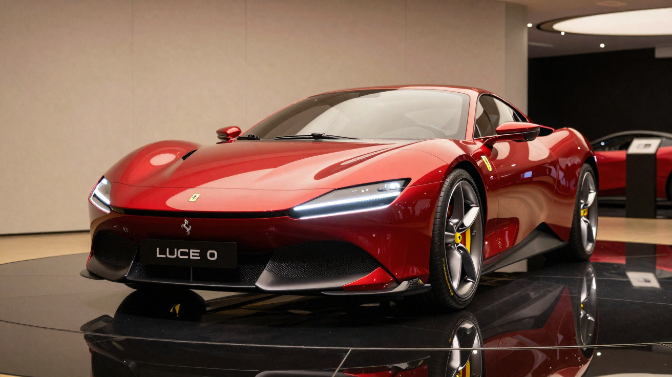 Red Ferrari Luceo sports car displayed indoors on a reflective black platform with sleek modern design.