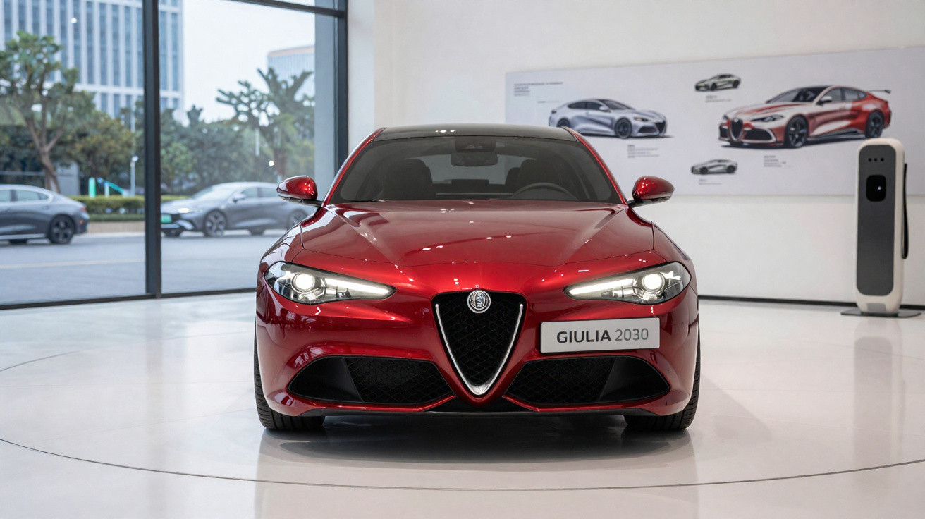 Front view of a shiny red Alfa Romeo Giulia 2030 car displayed in a modern showroom with design posters visible.
