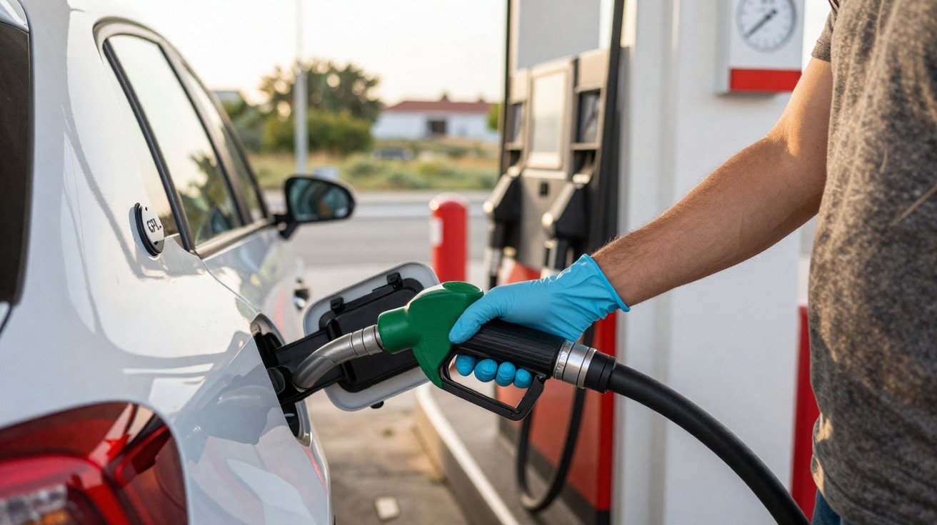 Person wearing blue glove refuelling white car with green petrol pump at a fuel station.