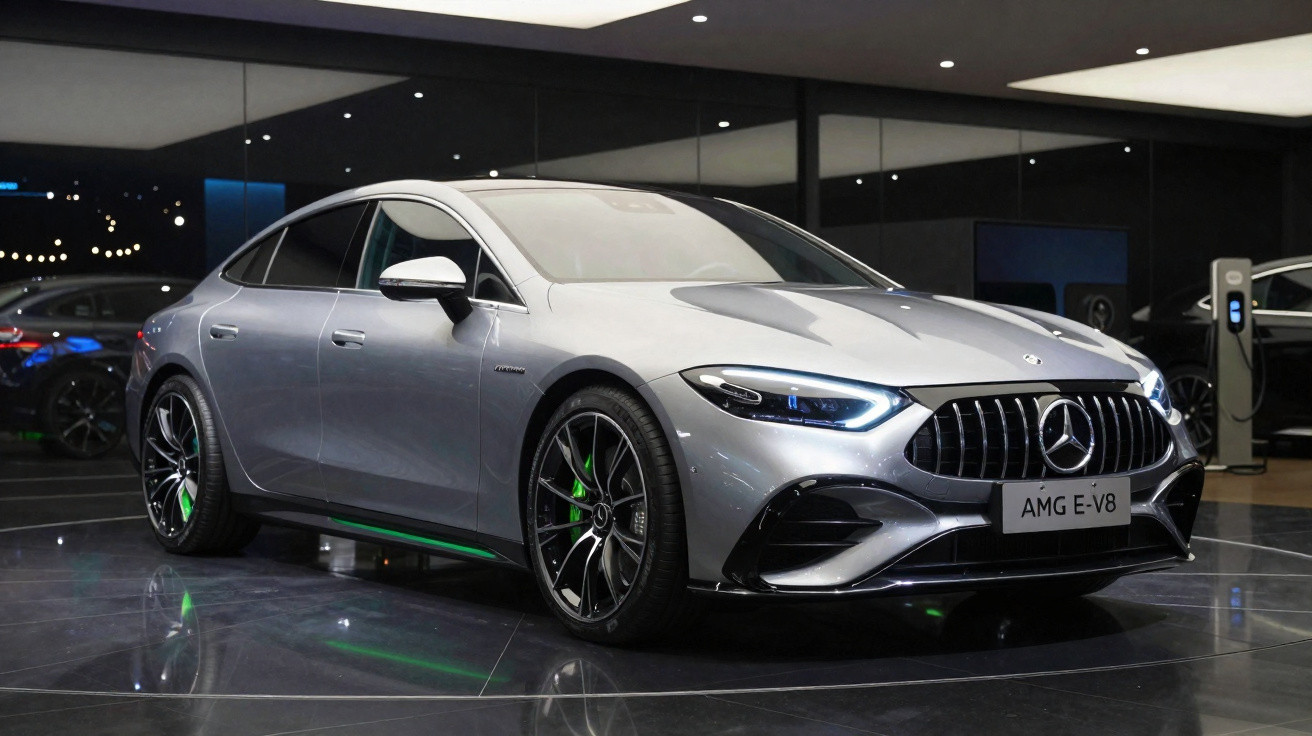 Silver Mercedes-Benz AMG E-V8 sports sedan displayed in a showroom with illuminated headlights and green brake calipers.