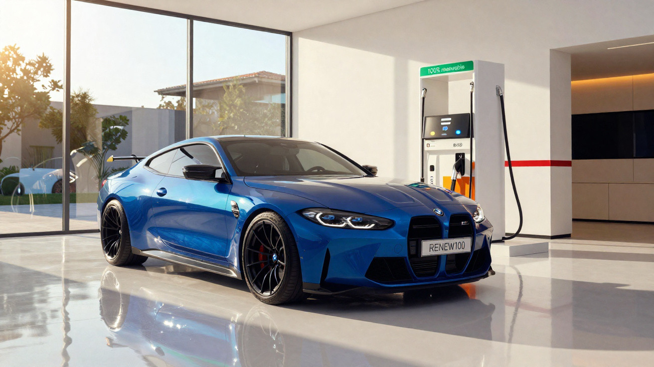 Blue sports car parked indoors by a 100% renewable fuel pump with sunlight streaming through large windows