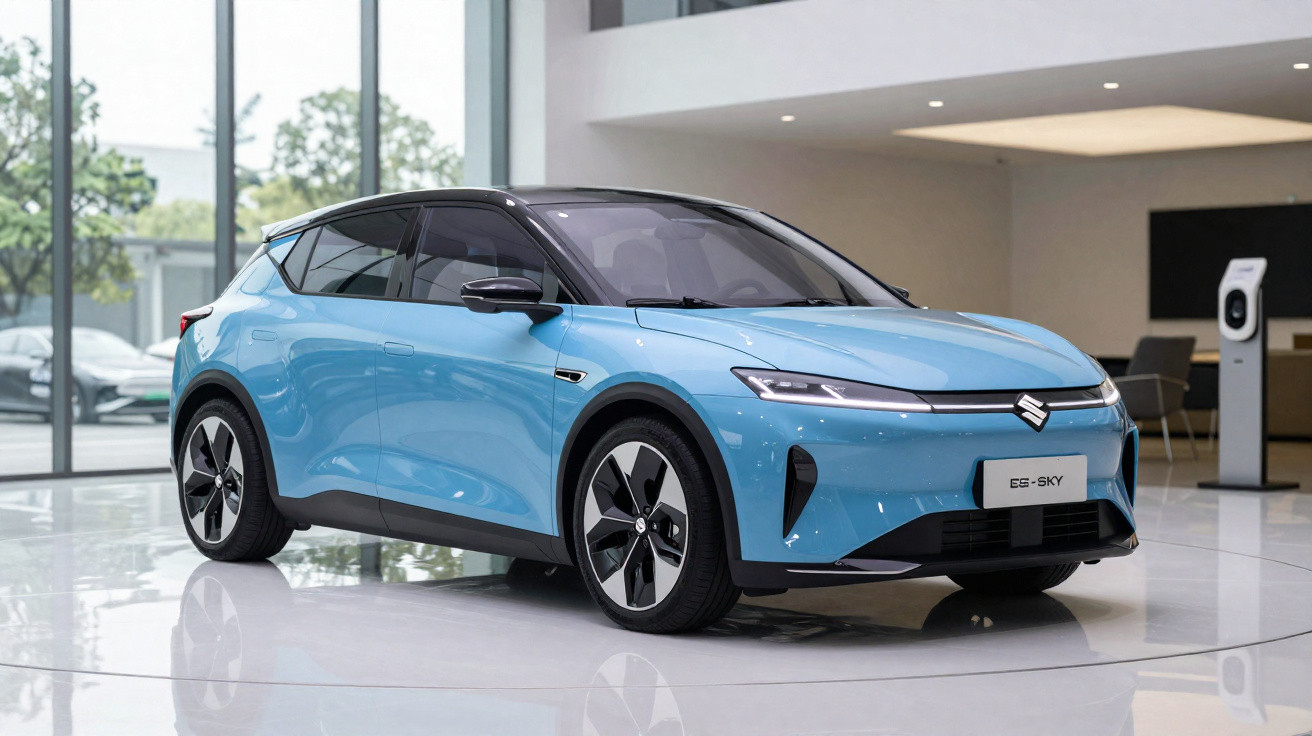 Blue Suzuki electric crossover car displayed indoors with charging station in the background.