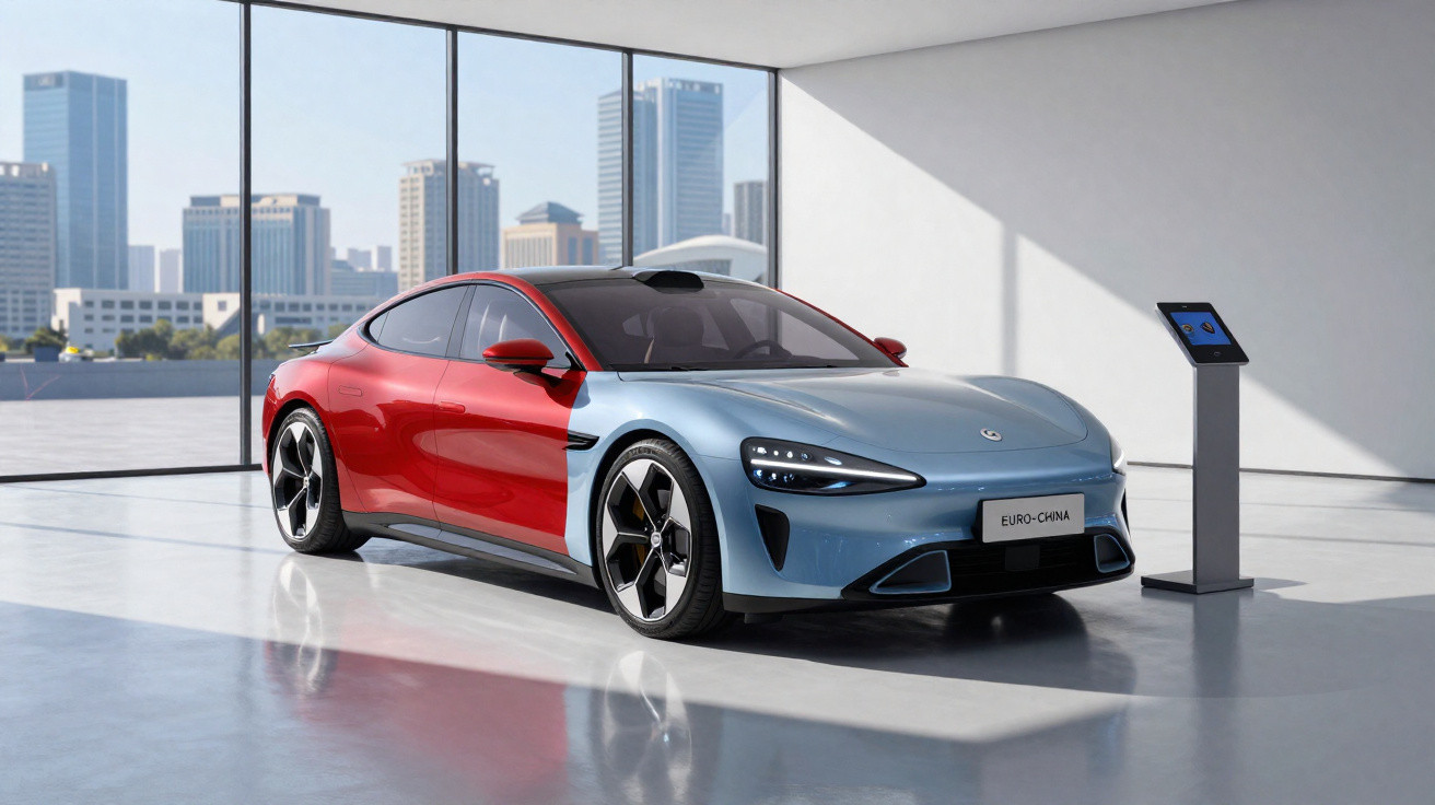 Sleek two-tone red and blue electric sports car displayed in a modern showroom with city skyline visible outside.