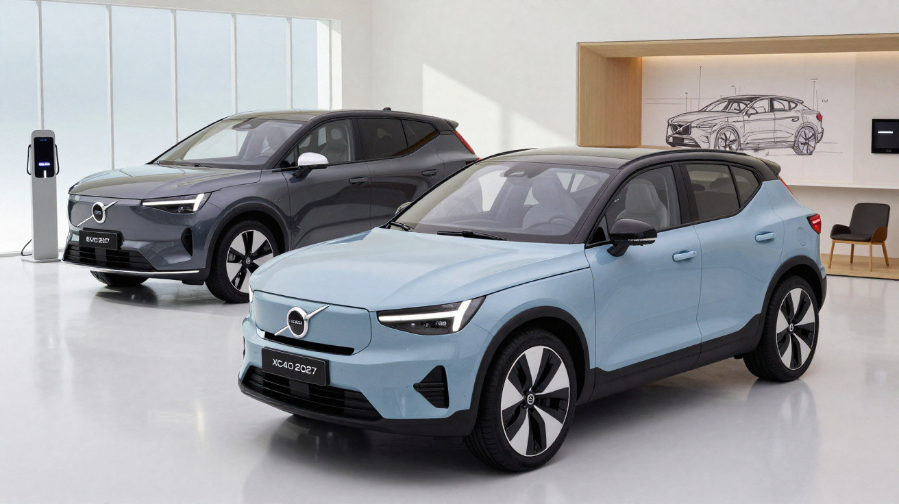 Two modern Volvo electric SUVs displayed indoors, one light blue XC40 2027 in front and one dark grey EV Recharge behind.