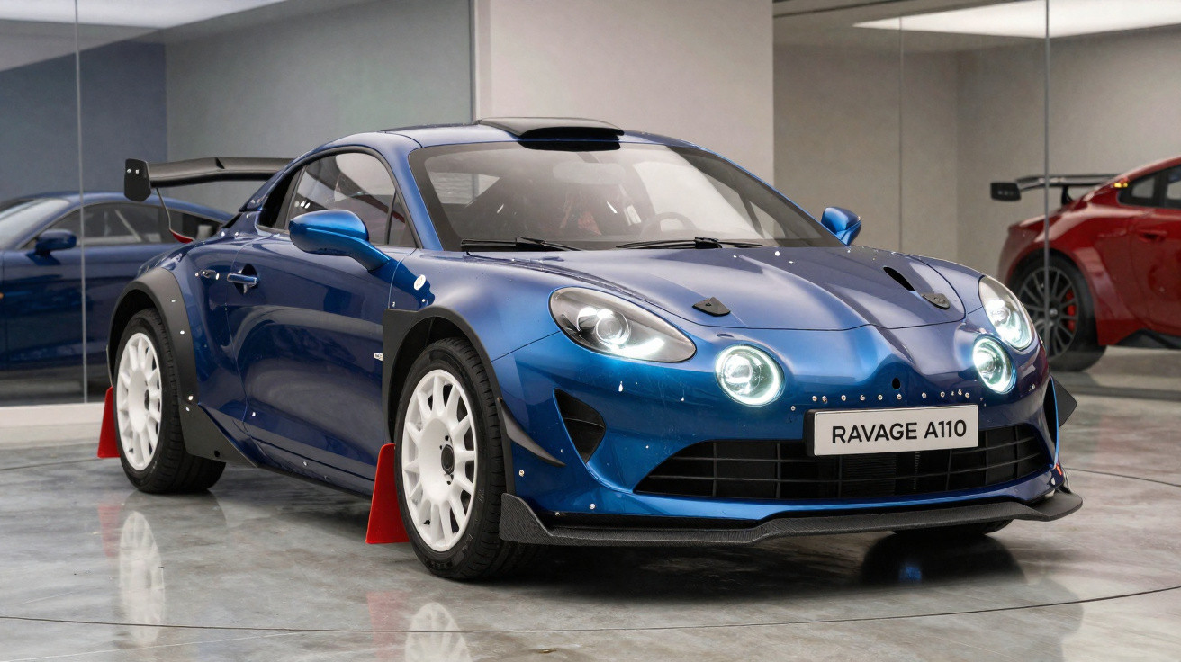 Blue Ravage A110 sports car with white wheels and prominent front lights in a showroom.