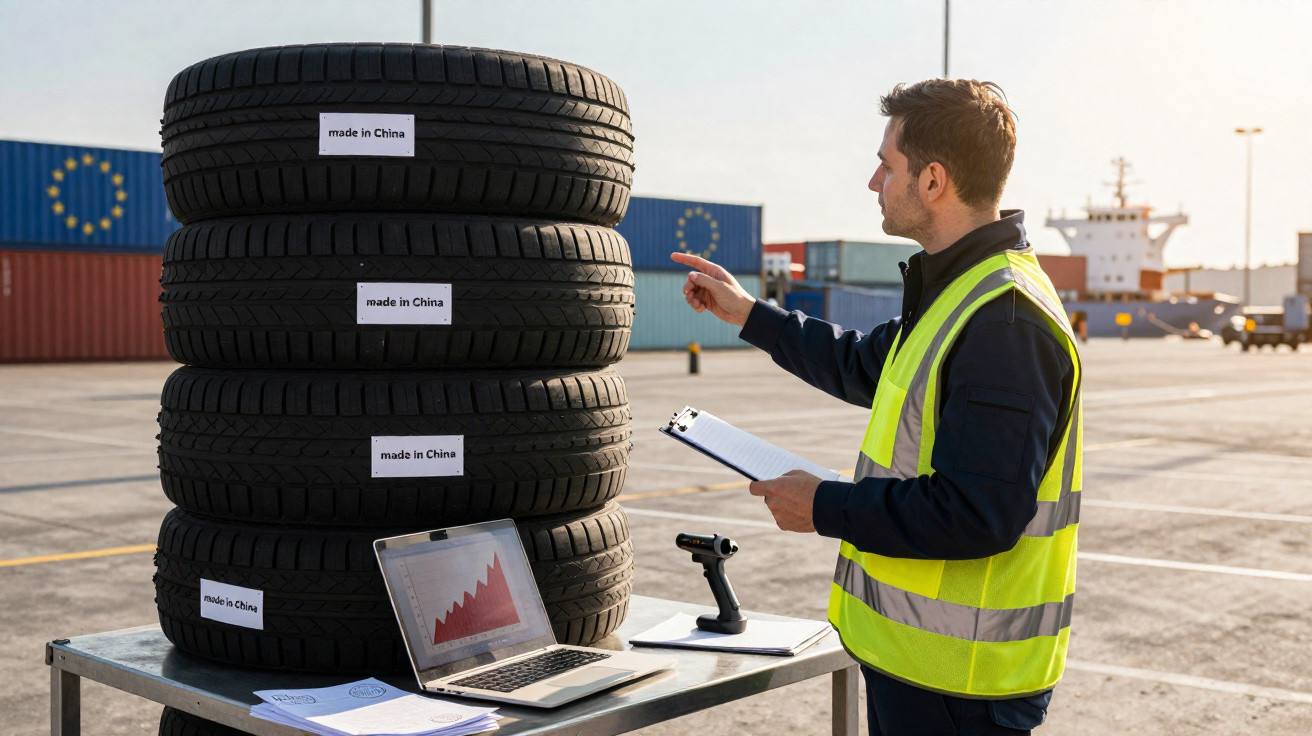 Warehouse worker in hi-vis inspecting stacked tyres labelled "made in China" with laptop showing graph at shipping port.