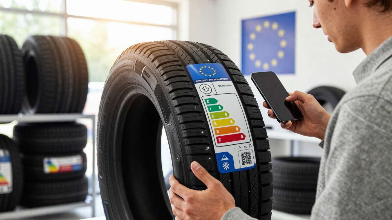 Person scanning a tyre’s EU energy label with a smartphone inside a tyre shop.