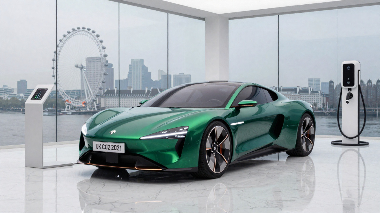 Green electric sports car displayed in a showroom with London Eye and cityscape visible through glass walls.