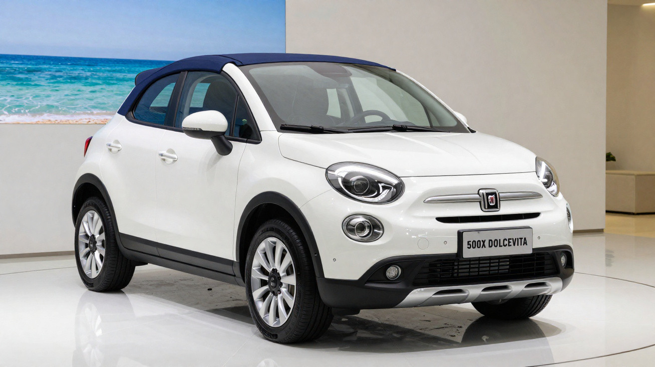 White Fiat 500X Dolcevita compact crossover car displayed indoors with a blue roof and beach backdrop.