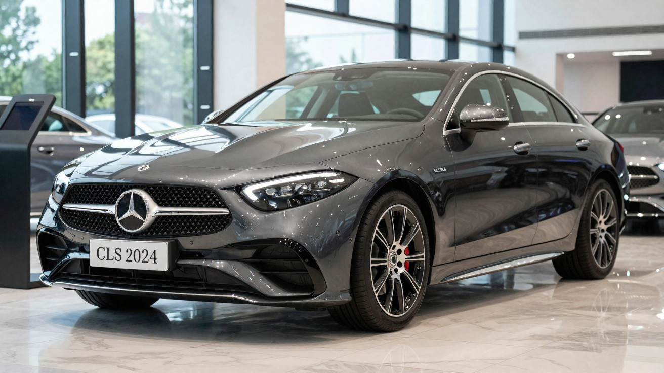 2024 grey Mercedes-Benz CLS luxury sedan displayed in a showroom with shiny black alloy wheels.