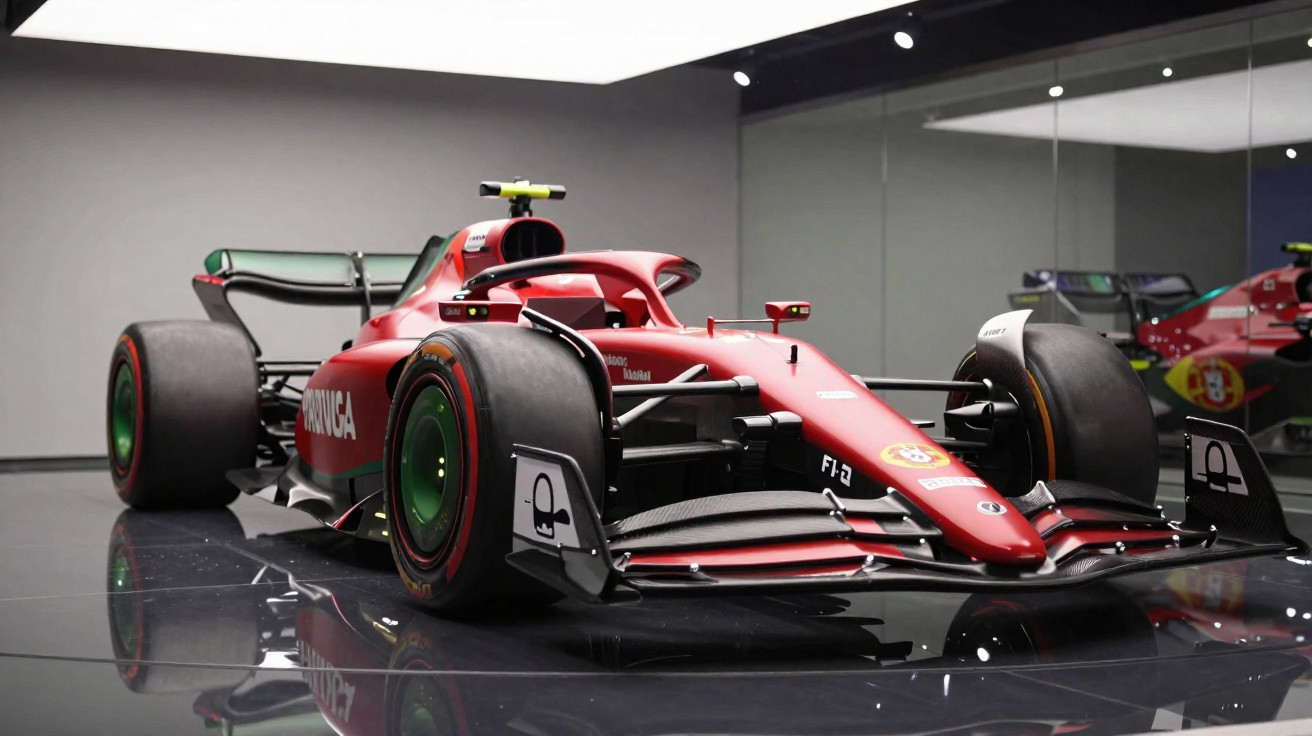Red Formula 1 race car with green-accented tires displayed indoors on a reflective black floor.