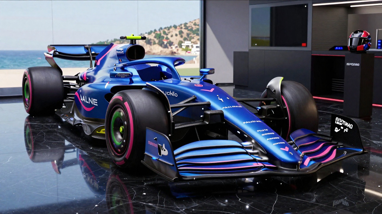 Blue and pink Formula 1 race car displayed indoors with a coastal view through the window behind.