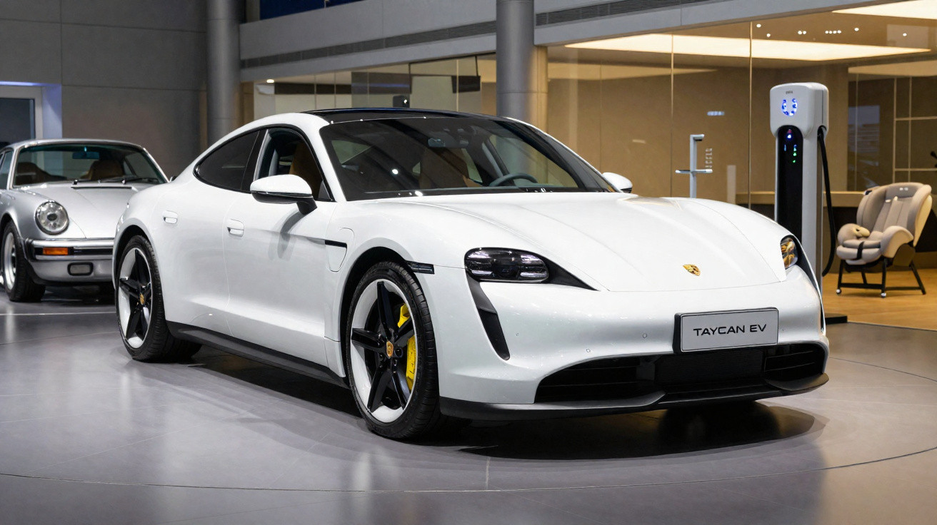 White Porsche Taycan EV electric car displayed indoors with a vintage car and charging station in the background.