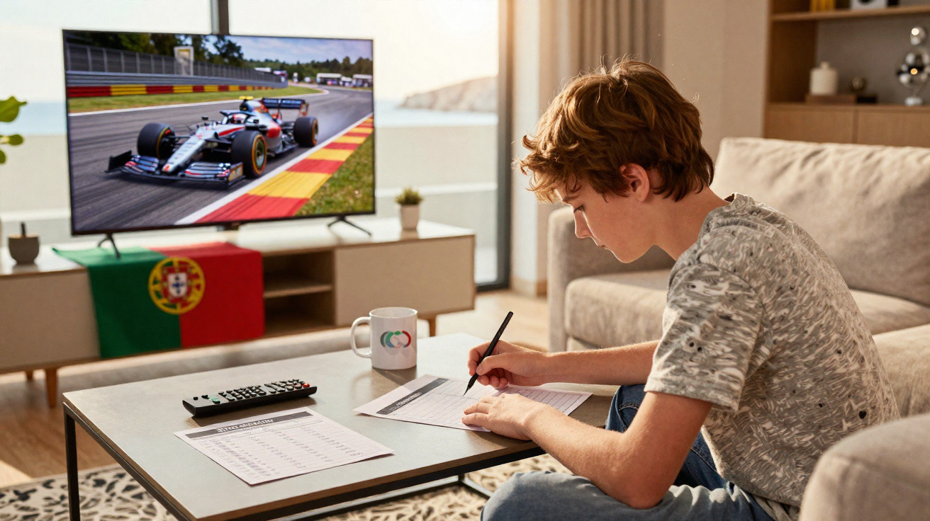 Teenage boy doing homework at a table while watching a Formula 1 race on TV in a living room.