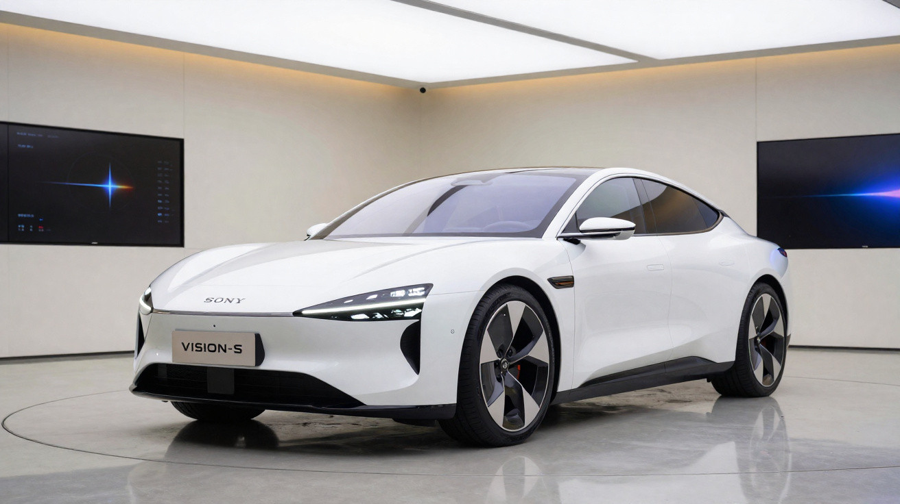 White Sony Vision-S electric sedan displayed in a modern showroom with sleek design and digital screens.