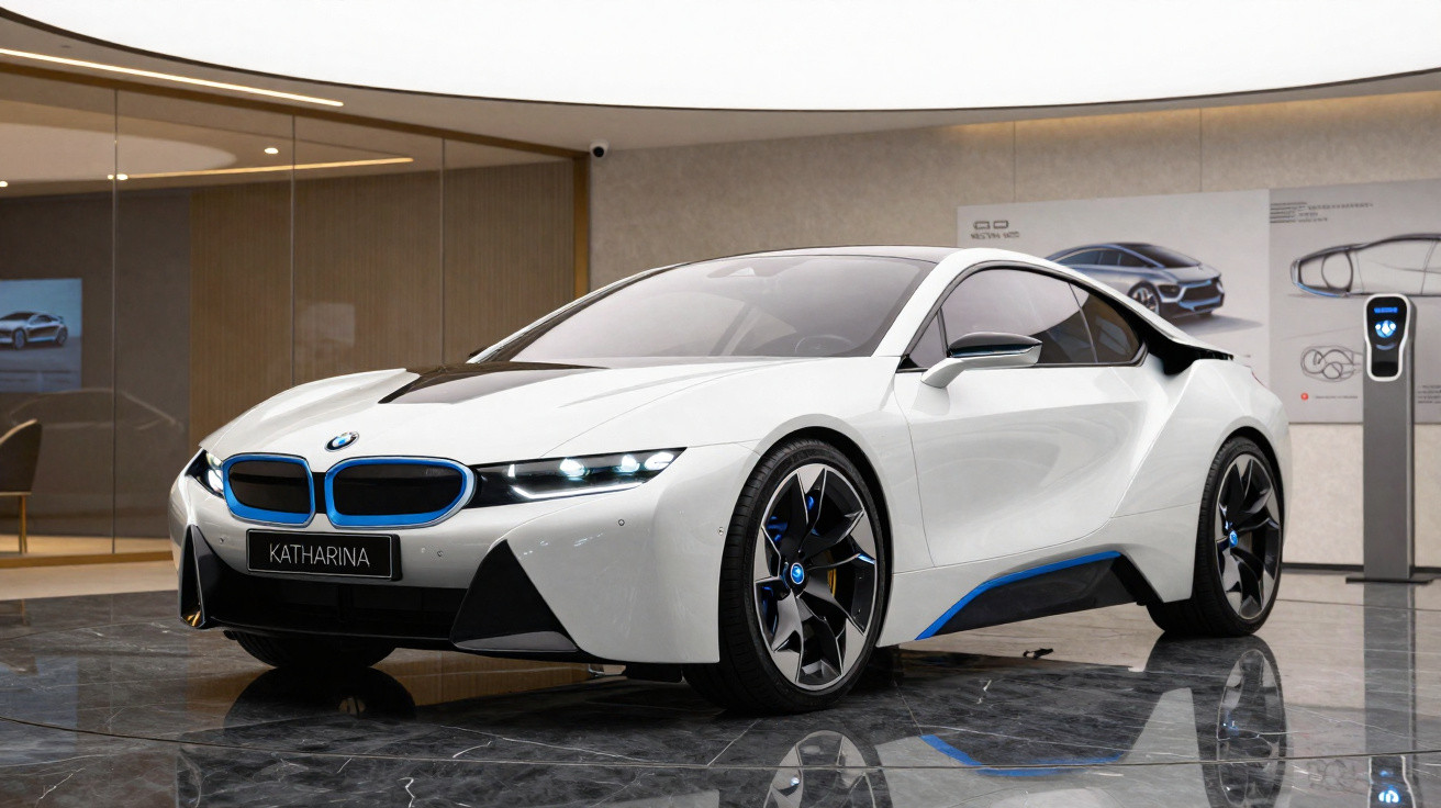 White BMW i8 electric sports car displayed indoors with sleek design and blue accents on wheels and grille.