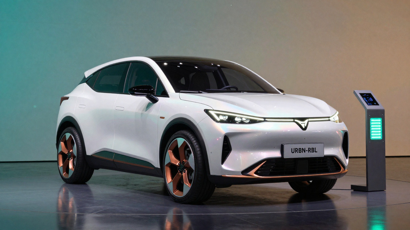 White electric SUV with copper accents charging next to a digital charging station indoors
