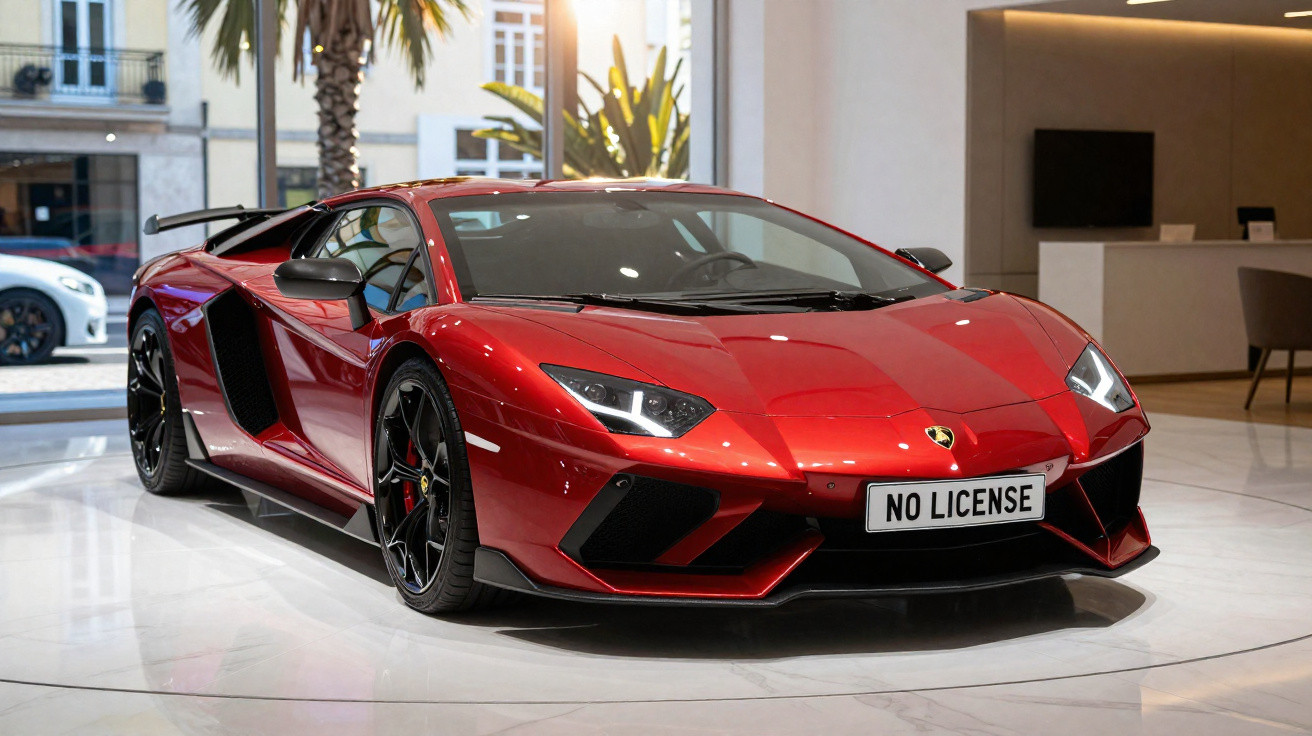 Red Lamborghini sports car with black wheels and "NO LICENSE" plate in a modern showroom.