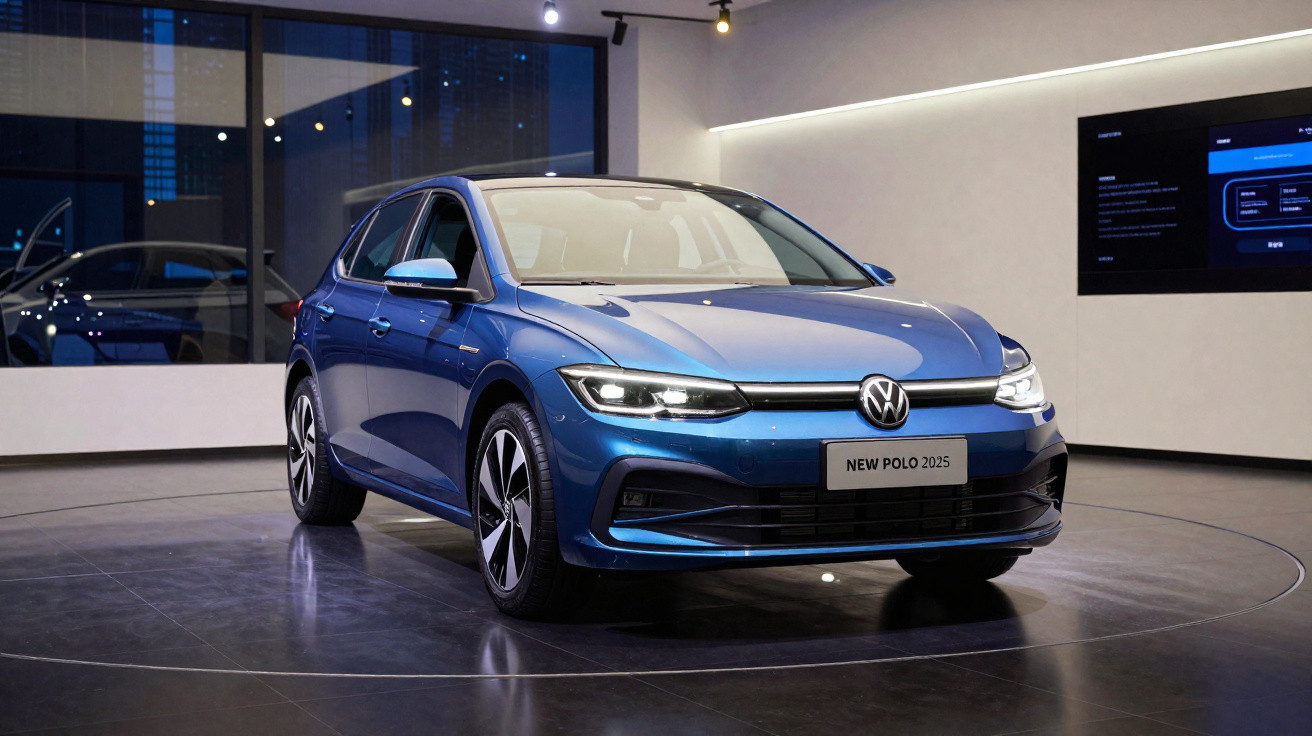 Blue Volkswagen New Polo 2025 model displayed indoors with modern lighting and reflective flooring