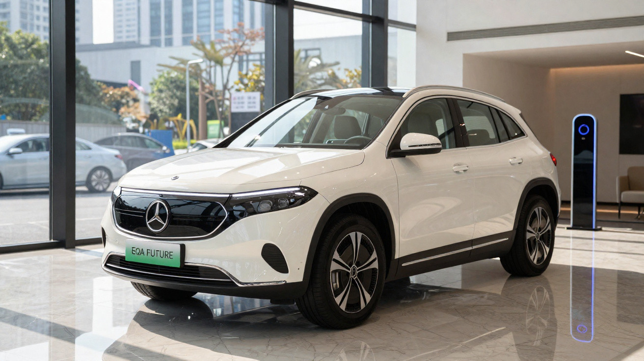 White Mercedes-Benz EQA Future electric SUV displayed indoors near a charging station.