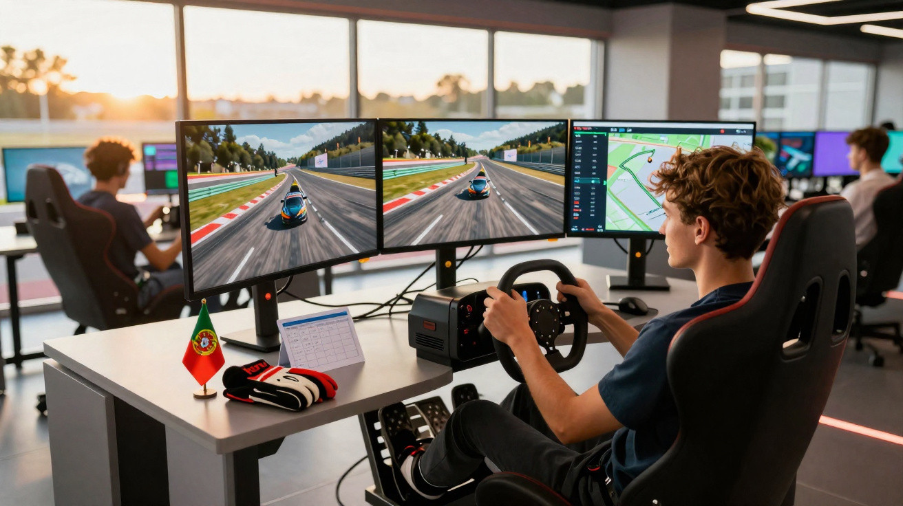 Young person using a racing simulator with three screens and steering wheel in a modern gaming room.