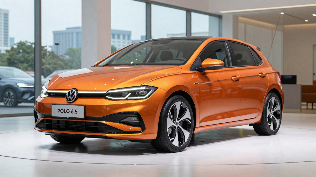 Orange Volkswagen Polo 6.5 hatchback displayed indoors with large windows and modern interior.