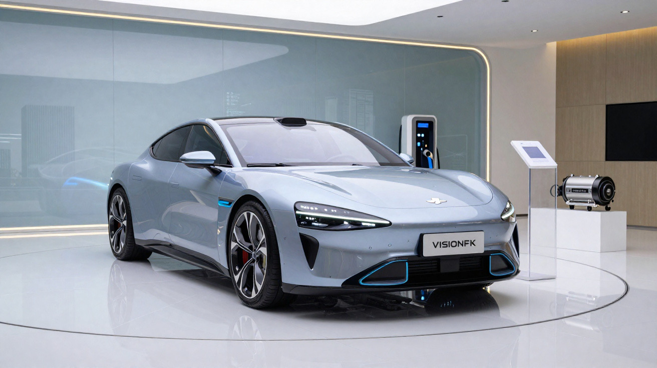 Silver Vision FK electric sports car displayed in a showroom with charging station and technology exhibit behind.