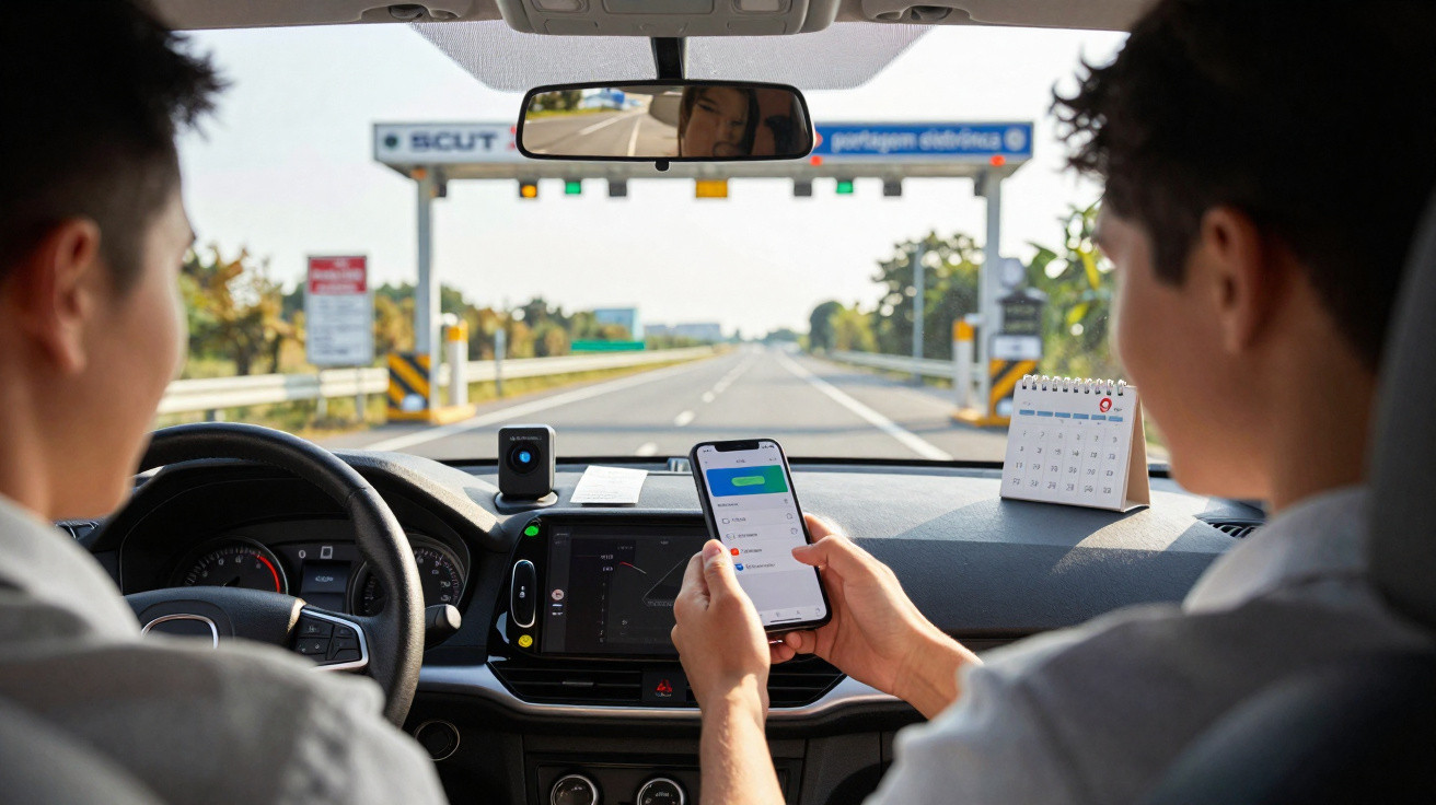 Two men inside a car with one holding a smartphone, approaching a toll booth on a clear day.