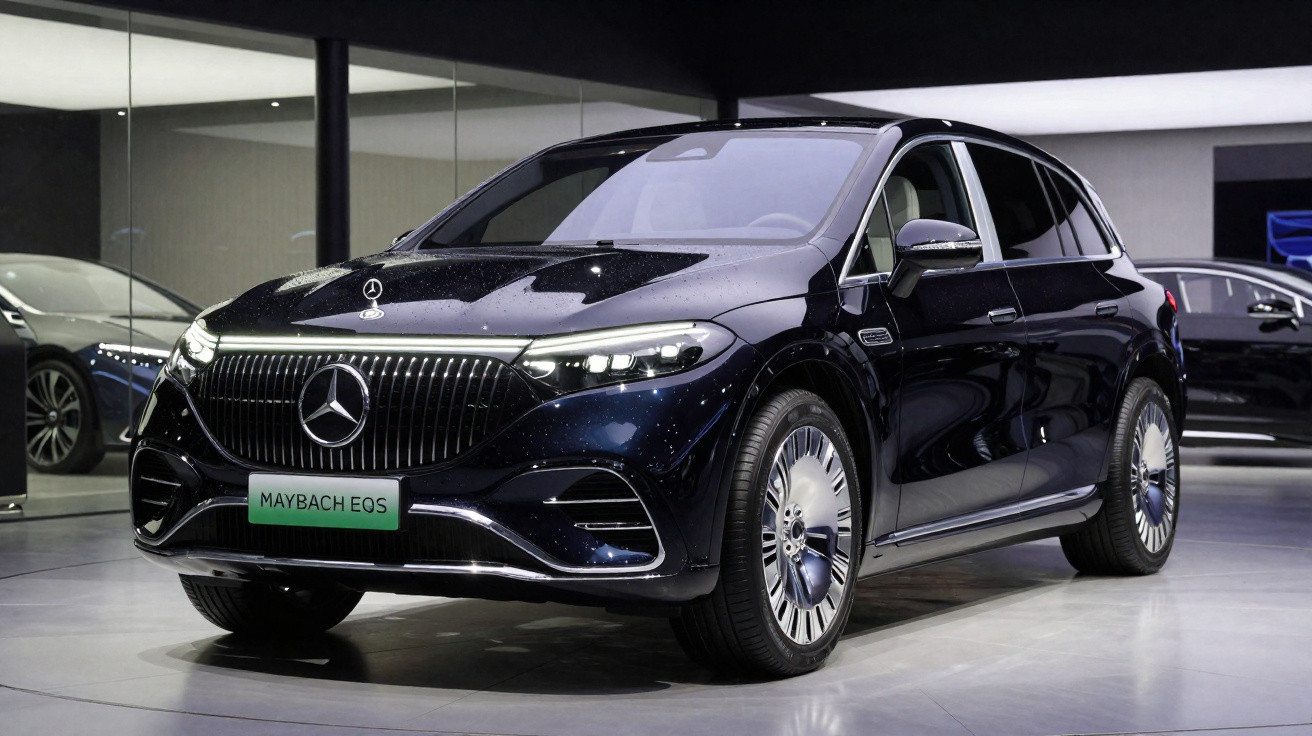 Black Mercedes-Maybach EOS luxury electric SUV displayed indoors with sleek design and illuminated grille.
