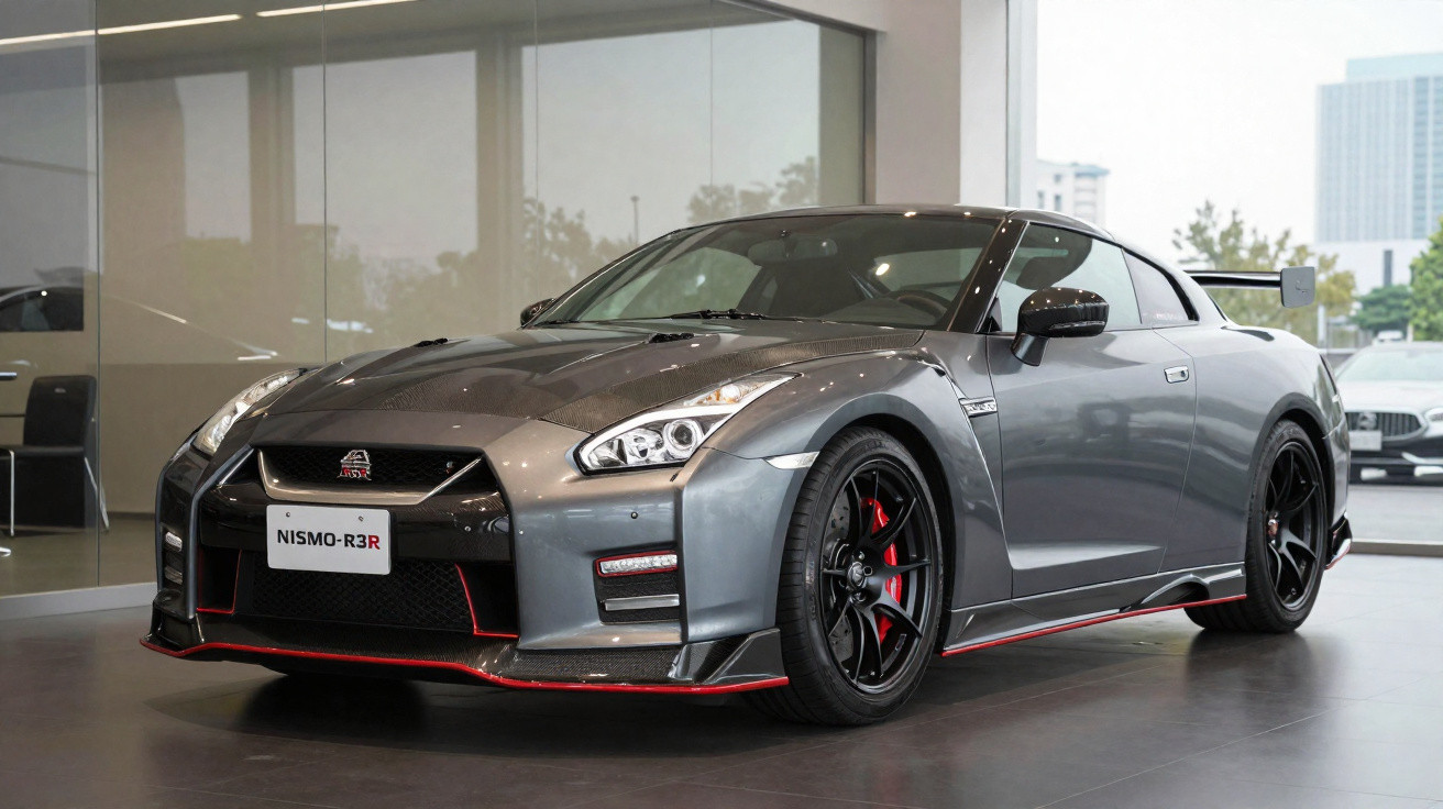 Grey Nissan GT-R Nismo sports car with red accents parked indoors near glass walls.