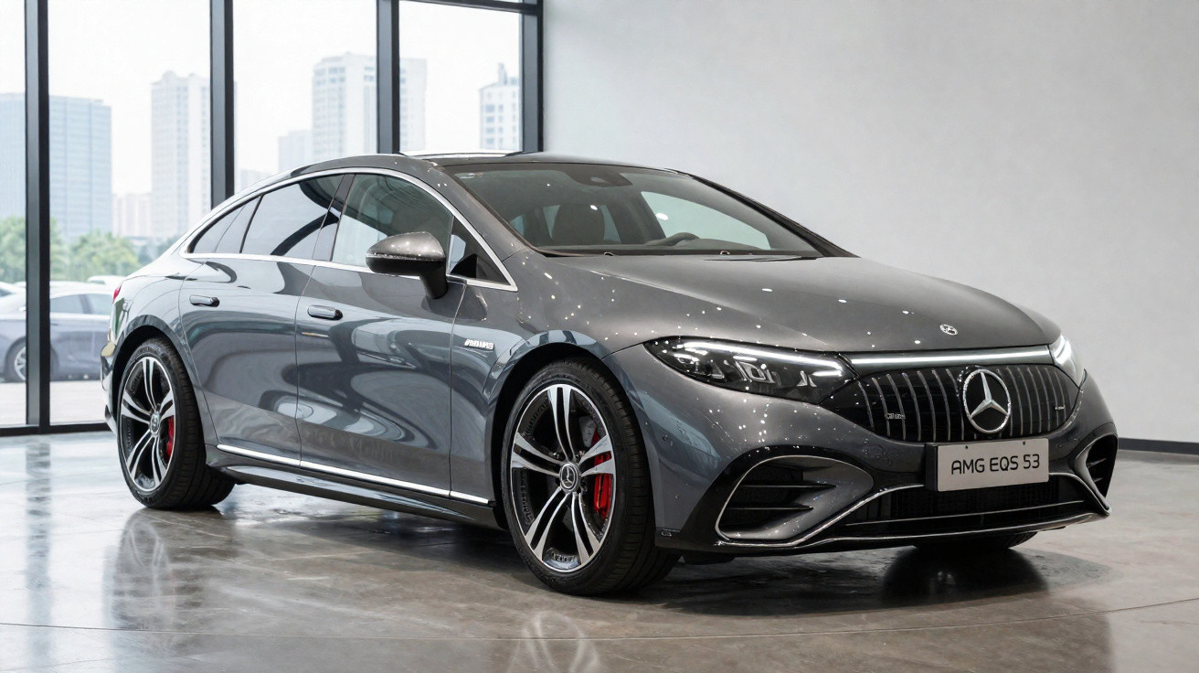 Grey Mercedes-Benz AMG EQS 53 parked indoors with large windows and city buildings visible outside.