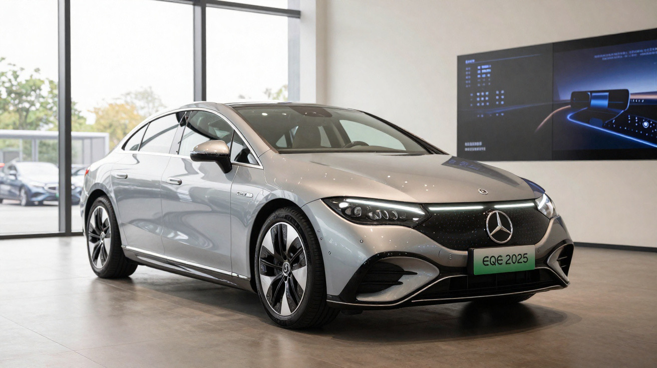 Silver Mercedes-Benz EQE 2025 electric sedan displayed indoors near large windows and a digital screen.