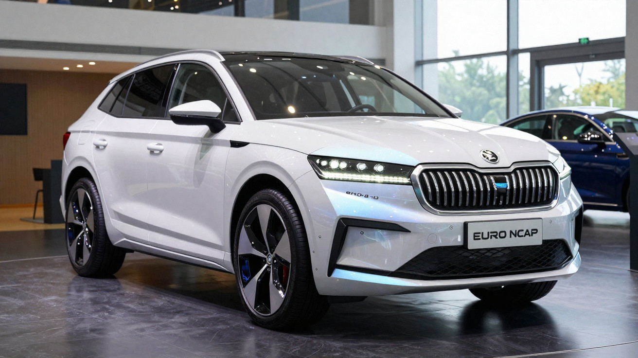 White modern SUV car displayed indoors with LED headlights and Euro NCAP plate in showroom.