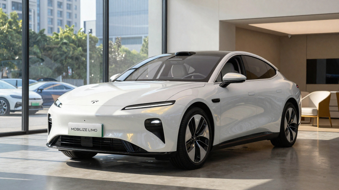 White sleek electric sedan displayed indoors with large windows and city buildings visible outside.
