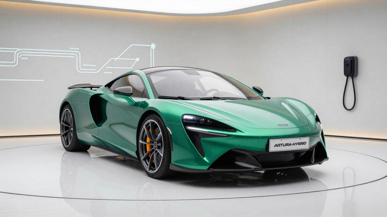 Green McLaren Artura hybrid sports car displayed in a modern showroom with a sleek charging station on the wall.