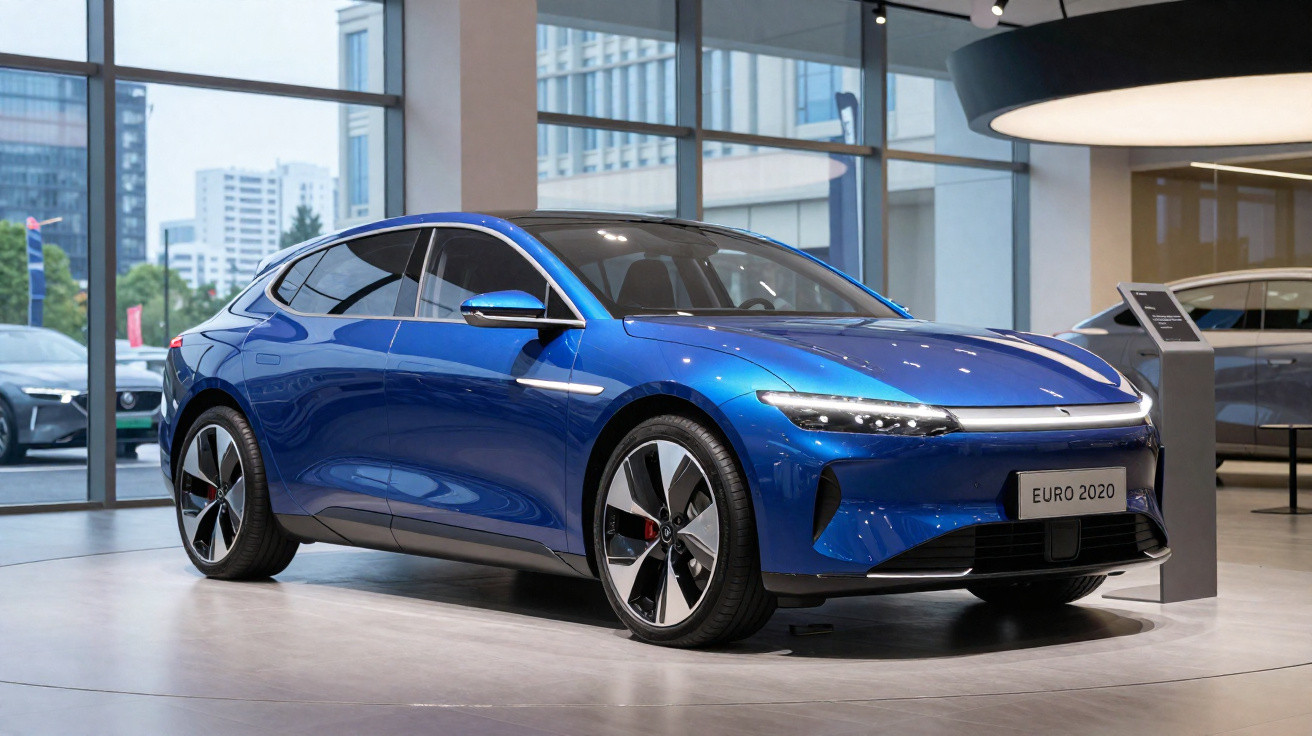 Blue electric luxury car displayed in a modern showroom with large windows and cityscape in the background.