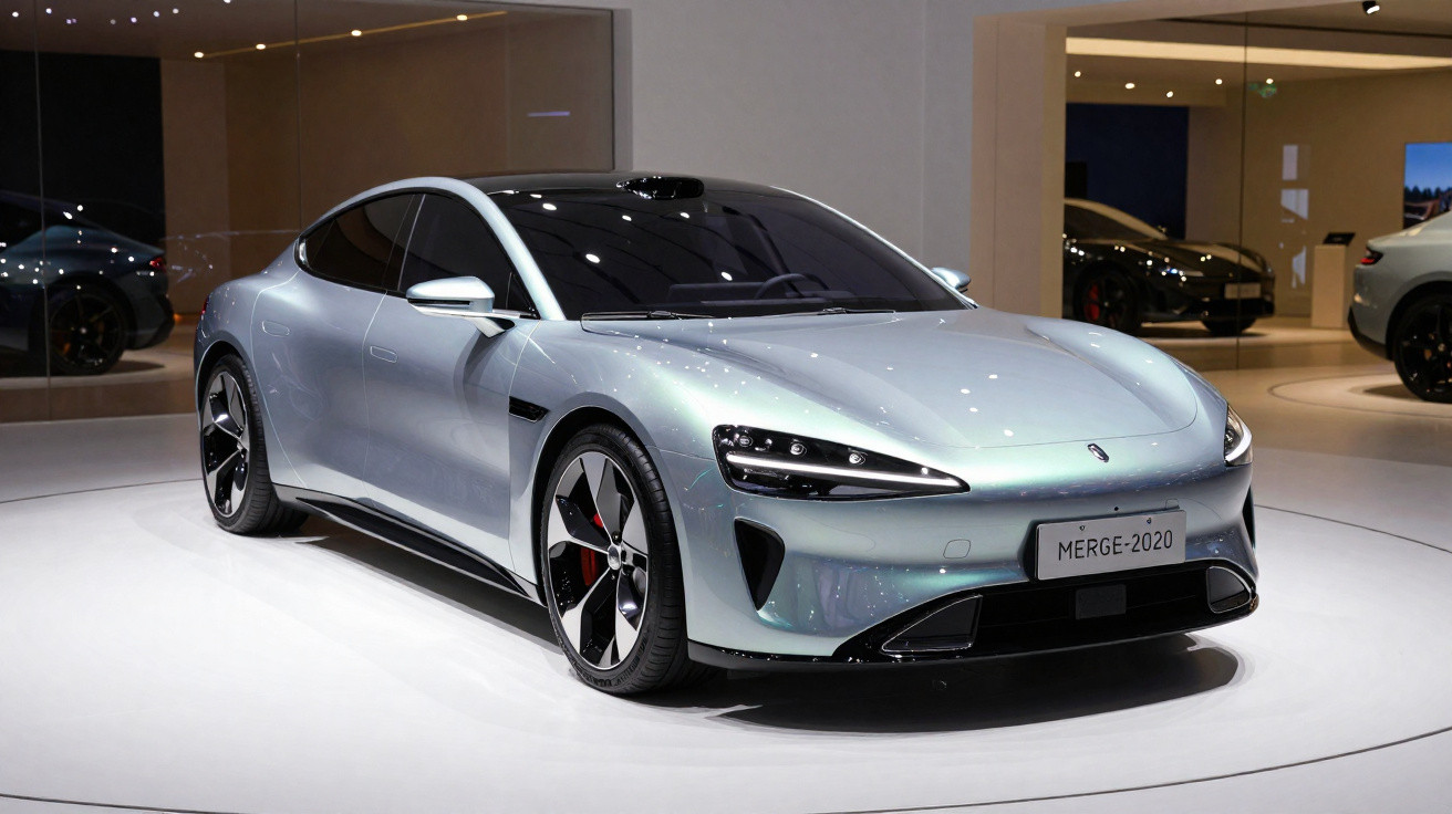 Silver sleek electric sports car displayed on white platform in modern showroom with reflective surfaces.