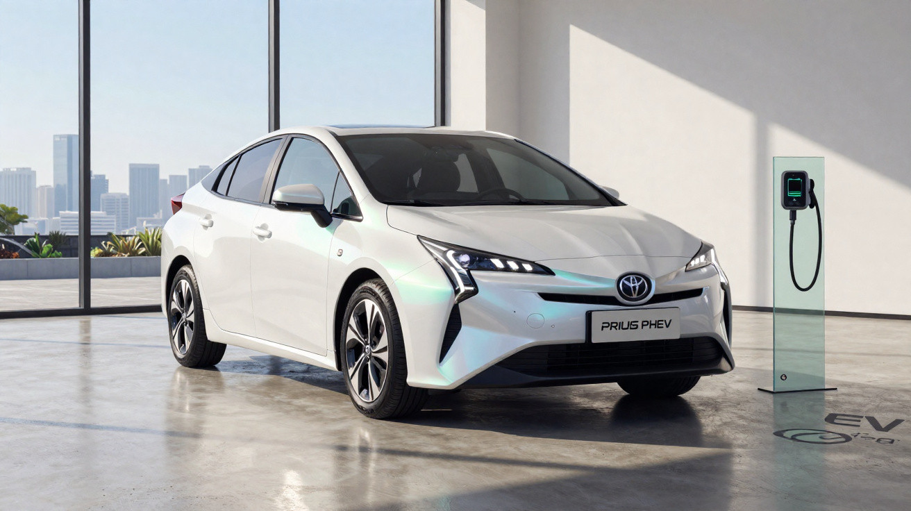 White Toyota Prius PHEV electric car parked indoors next to a charging station with cityscape in background.